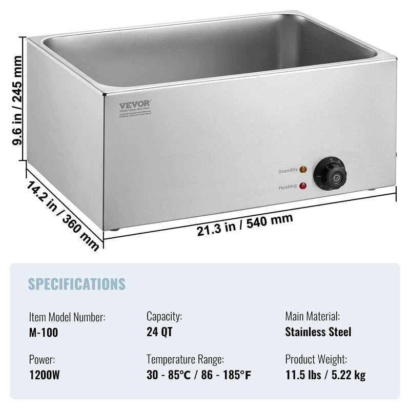 VEVOR komercialais elektriskais ēdienu sildītājs, 18L, 1200W, Bain Marie
