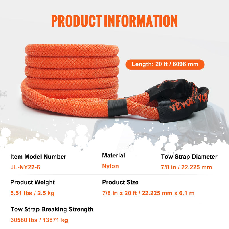 VEVOR kinētiskā vilkšanas siksna 22 mm x 6,1 m, 13 873 kg, 30% elastība