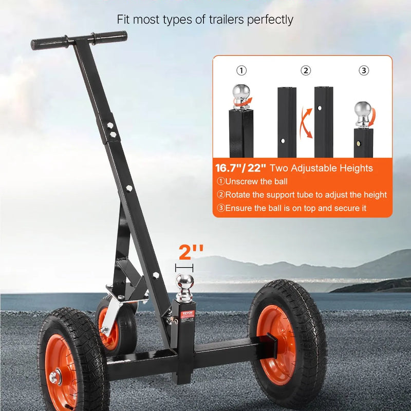 Piekabes pārvietošanas ratiņi, kravnesība 453 kg, regulējams augstums 42,4-55,8 cm, 50 mm sakabes lodveida gals, 35,5 cm riepas