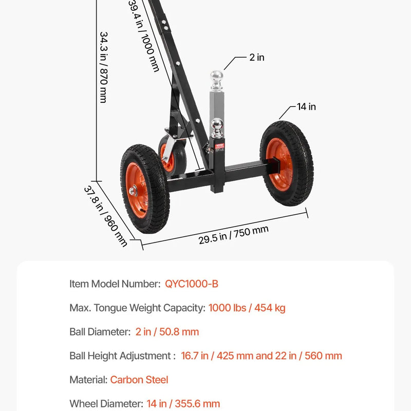 Piekabes pārvietošanas ratiņi, kravnesība 453 kg, regulējams augstums 42,4-55,8 cm, 50 mm sakabes lodveida gals, 35,5 cm riepas
