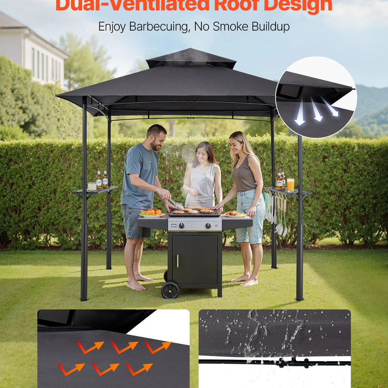 Grila nojume, 2,43 × 1,5 m pastiprināta āra BBQ nojume ar divslāņu jumtu, pulverkrāsota tērauda konstrukcija ar 2 sānu plauktiem un 8 āķiem, grila nojume terasei, pagalmam vai dārzam