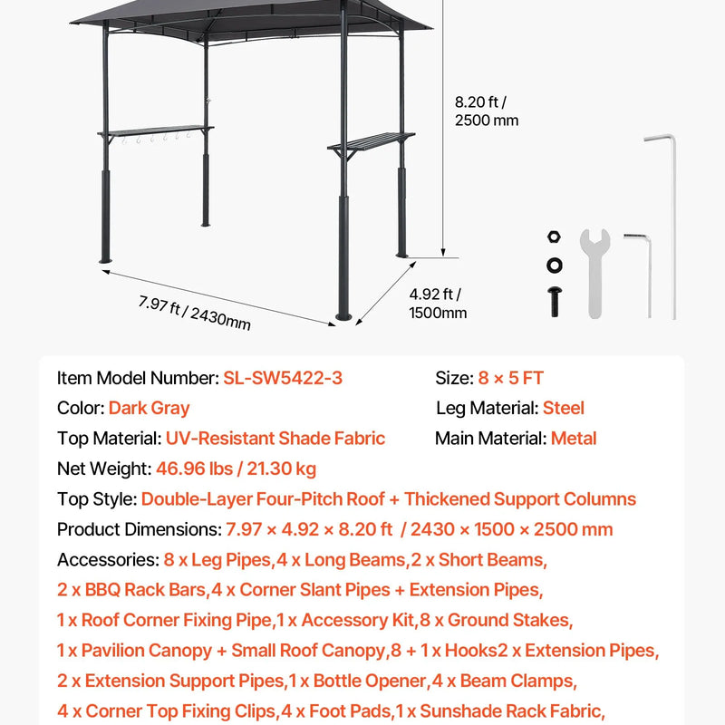 Grila nojume, 2,43 × 1,5 m pastiprināta āra BBQ nojume ar divslāņu jumtu, pulverkrāsota tērauda konstrukcija ar 2 sānu plauktiem un 8 āķiem, grila nojume terasei, pagalmam vai dārzam