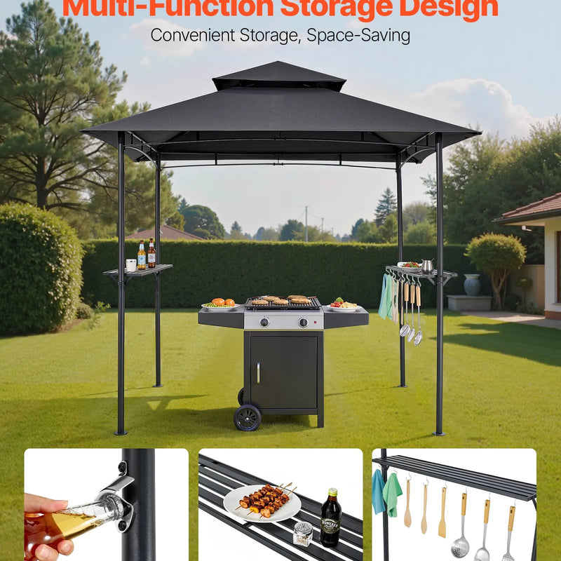 Grila nojume, 2,43 × 1,5 m āra BBQ nojume ar divslāņu jumtu, pulverkrāsota tērauda terases nojume ar 2 sānu plauktiem un 8 āķiem, grilēšanas nojume terasei, pagalmam, dārzam vai piknikam