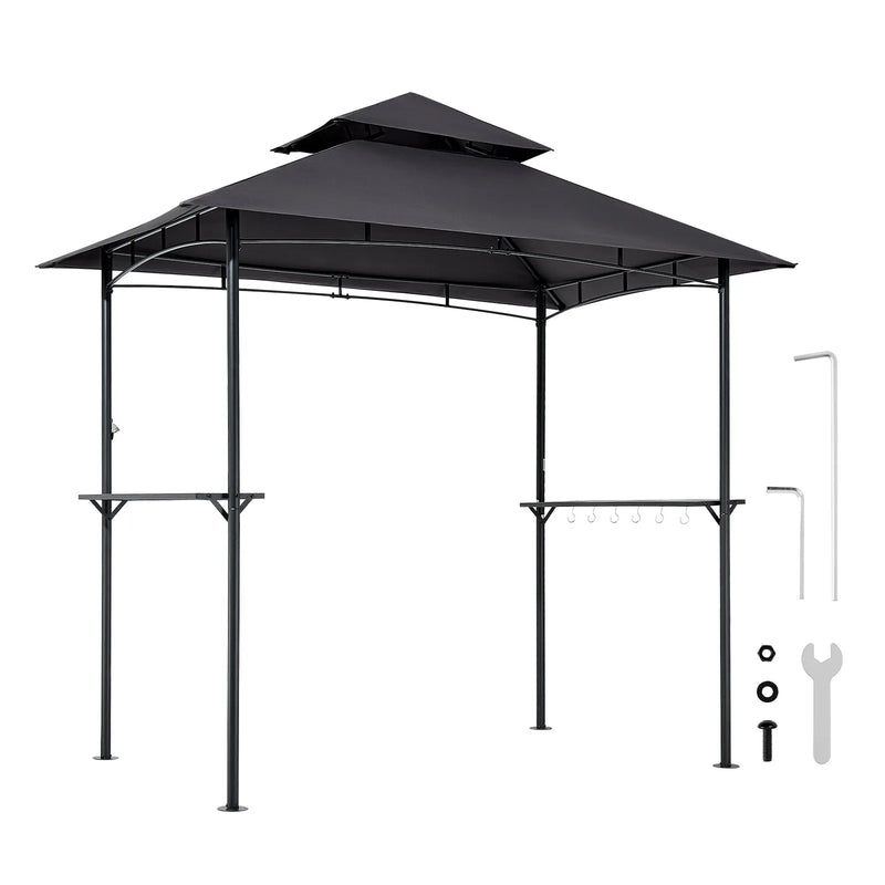 Grila nojume, 2,43 × 1,5 m āra BBQ nojume ar divslāņu jumtu, pulverkrāsota tērauda terases nojume ar 2 sānu plauktiem un 8 āķiem, grilēšanas nojume terasei, pagalmam, dārzam vai piknikam