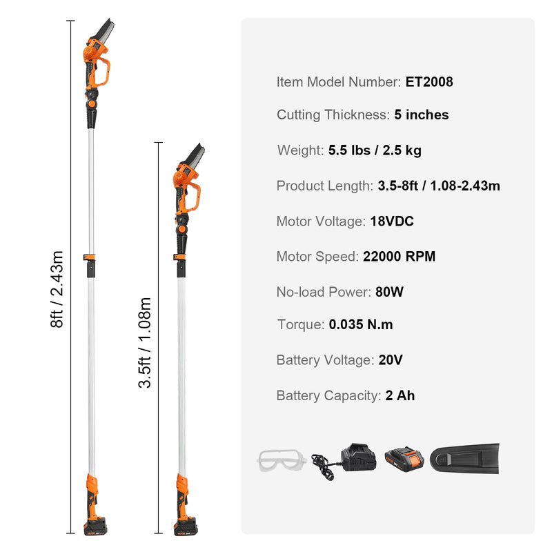 VEVOR 2 vienā bezvadu teleskopiskais zaru zāģis un mini motorzāģis, 20 V 2 Ah akumulators, griešanas garums 13 cm, sasniedzamība līdz 2,4 m (iekļauts akumulators un asmens aizsargs)