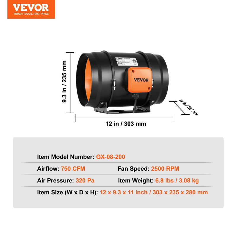 VEVOR 203,2 mm cauruļvadu ventilaatorid HVAC izplūdes pūtēja komplekts AC Maināma Ātruma Kontrole