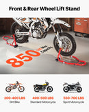 VEVOR motocikla priekšējais un aizmugurējais pacēlājs - 850 kg slodzes jauda, piemērots ķepiņu tipa (spool) un šūpoles tipa (swingarm) stiprinājumiem, sarkanā krāsā