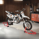 VEVOR motocikla priekšējais un aizmugurējais pacēlājs - 850 kg slodzes jauda, piemērots ķepiņu tipa (spool) un šūpoles tipa (swingarm) stiprinājumiem, sarkanā krāsā