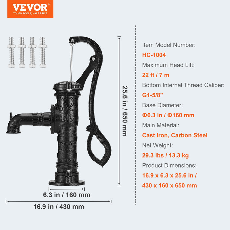 VEVOR Sviras sūknis, čuguna, 40x15x68 см ar ūdens cauruli 6,5x22 см, 16 см pamatnes diametrs, melns