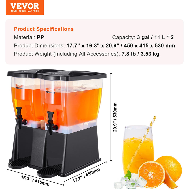 VEVOR 2 x 11,4 L dzērienu dozators ar statīvu un krānu, plastmasas, sulai, tējai, ūdens dozators