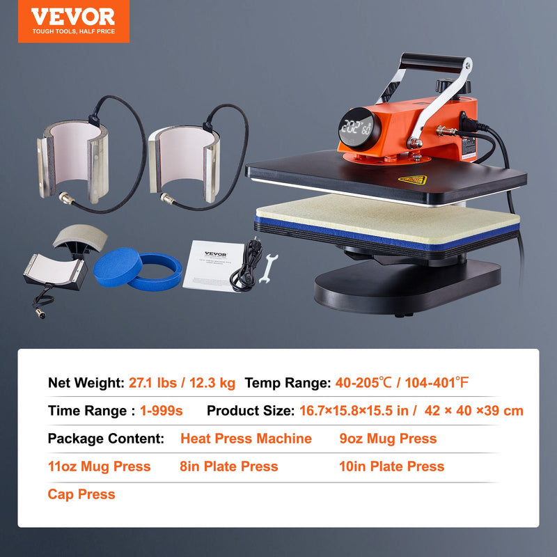 VEVOR 6-in-1 Termoprese 30x38 cm, Sublimācijas Pārneses Iekārta T-krekliem, Šķīvjiem un Krūzēm