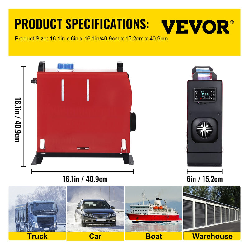 VEVOR 5KW работает от электросети, 12 В, может использоваться в качестве электропроводки, а также в случае необходимости включения ЖК-дисплея.