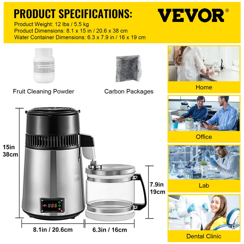 VEVOR 750W 4L nerūsējošā tērauda iekšējās destilācijas iekārta ar regulējamu temperatūru