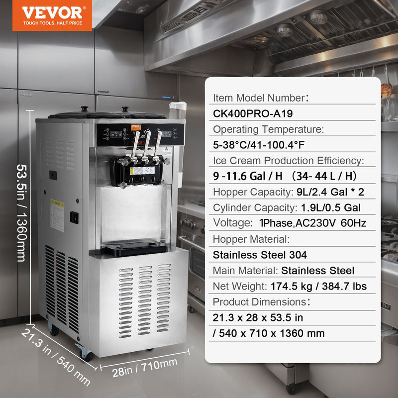 Коммерческая микстовая машина VEVOR, 34-44 л/ч, 3 гарша, светодиодная панель