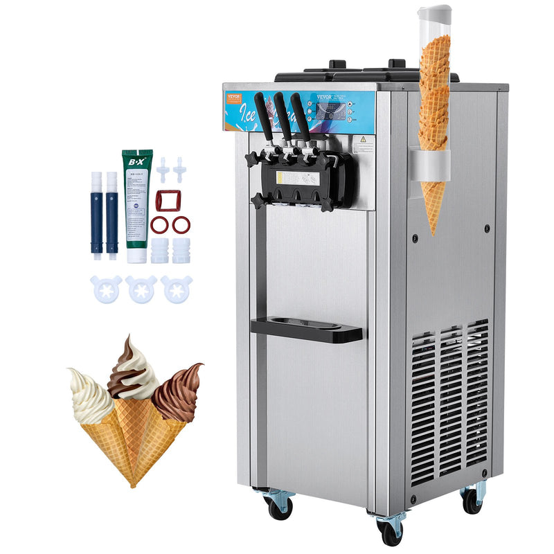 VEVOR komerciālā mīkstā saldējuma iekārta, 21-31 l/h jauda, 3 garšas