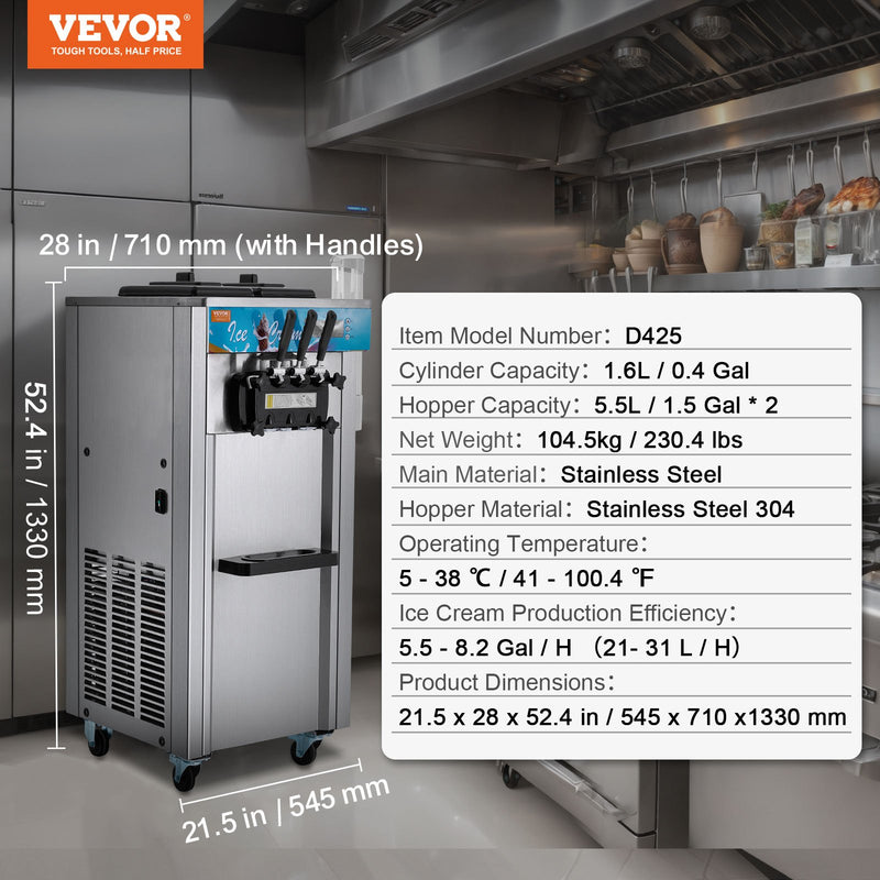 VEVOR komerciālā mīkstā saldējuma iekārta, 21-31 l/h jauda, 3 garšas