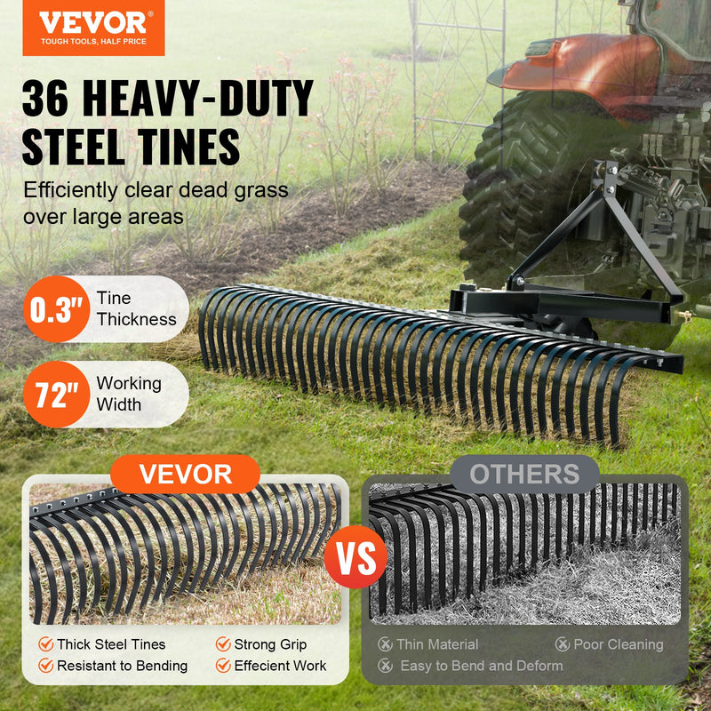 VEVOR velkamais zāliena skarifikators 1830 mm ar 3 punktu piekari un stiprinājumiem