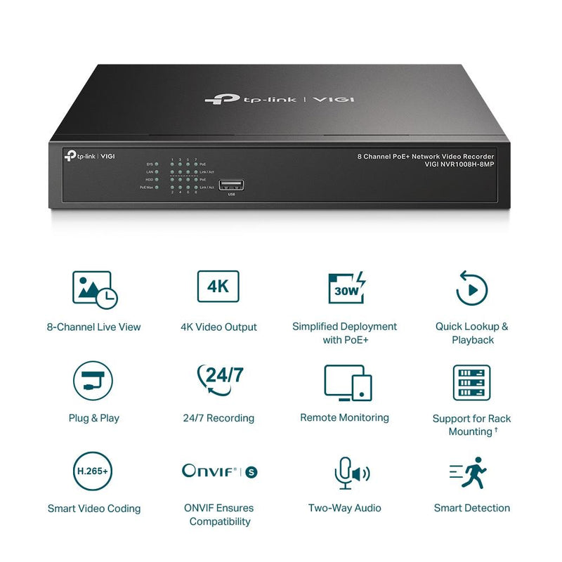 TP-Link VIGI NVR1008H-8MP tīkla videoreģistrators, 8 kanāli, 8× PoE+, 113 W, līdz 8 MP, 4K HDMI