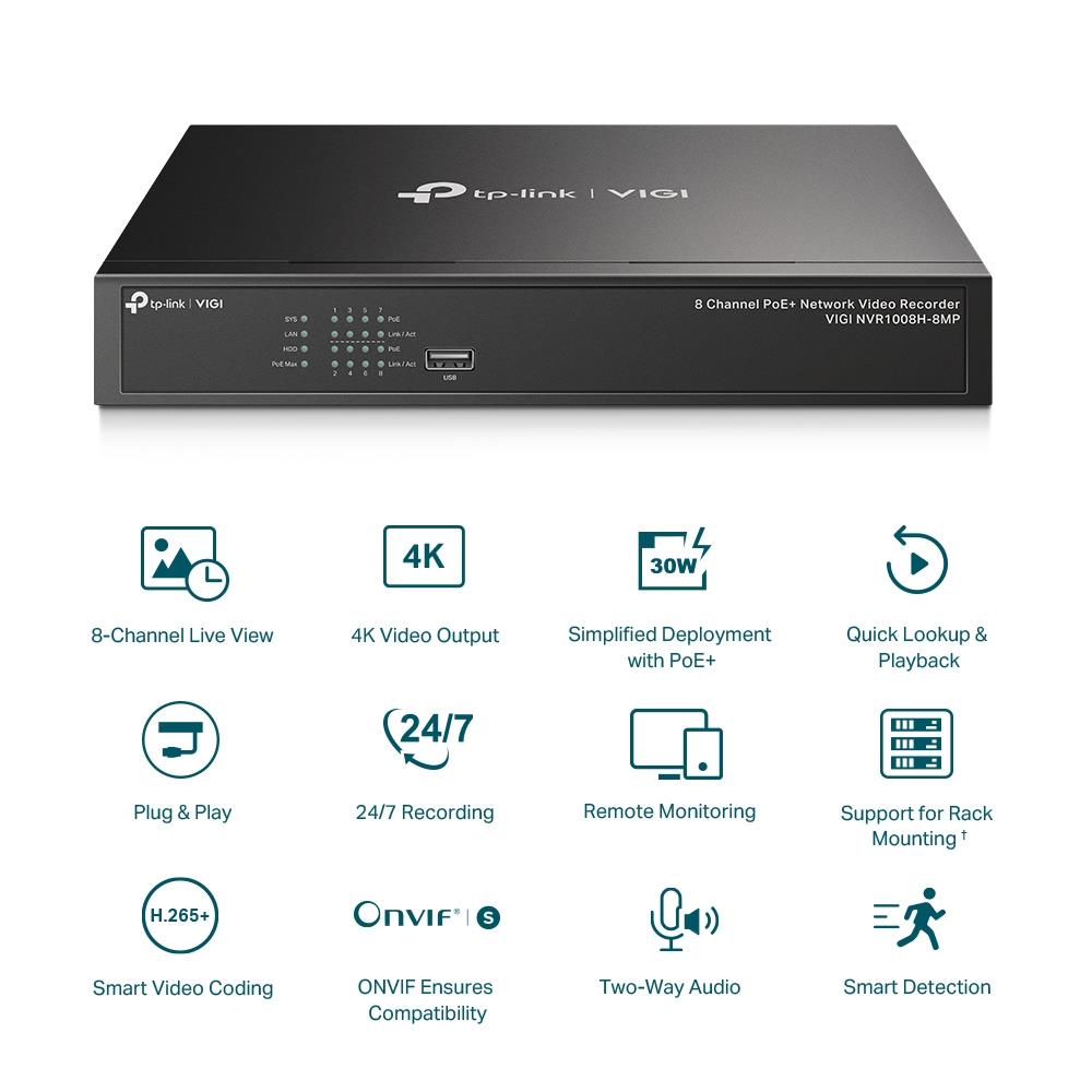 Сетевой видеорегистратор TP-Link VIGI NVR1008H-8MP, 8 каналов, 8× PoE+, 113 Вт, до 8 Мп, 4K HDMI