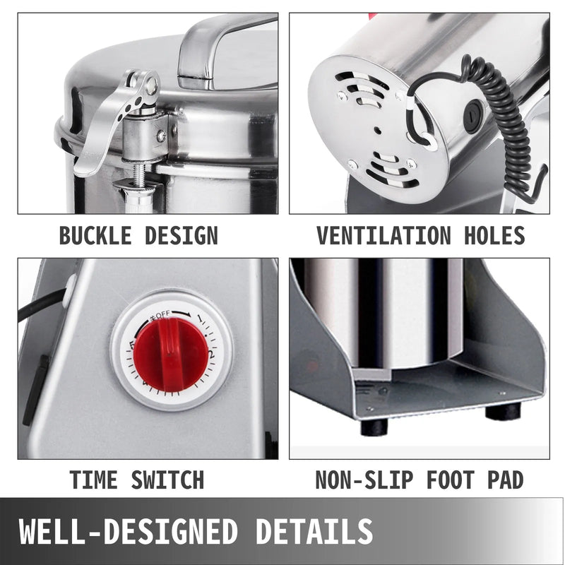 VEVOR elektriskās graudu dzirnaviņas, 1 kg graudu malšanas iekārta, 2800 W pulverizators, miltu dzirnaviņu iekārta, elektriskās garšaugu un graudu malšanas dzirnaviņas no pārtikas kvalitātes nerūsējošā tērauda