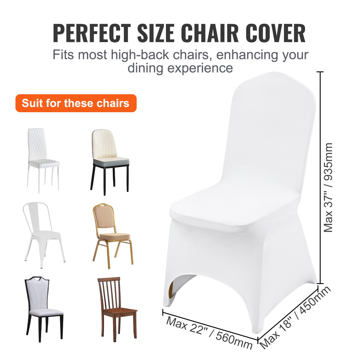 VEVOR Spandex Chair Covers 100 pcs with Curved Front, Weddings and Parties, White