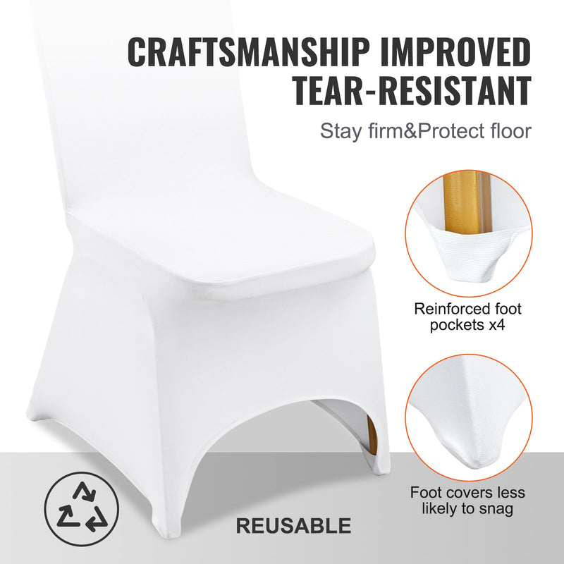 100 gabalu krēslu pārklāji baltā krāsā ar izliekto priekšu – Spandex Lycra kāzu un ballīšu dekorēšanai