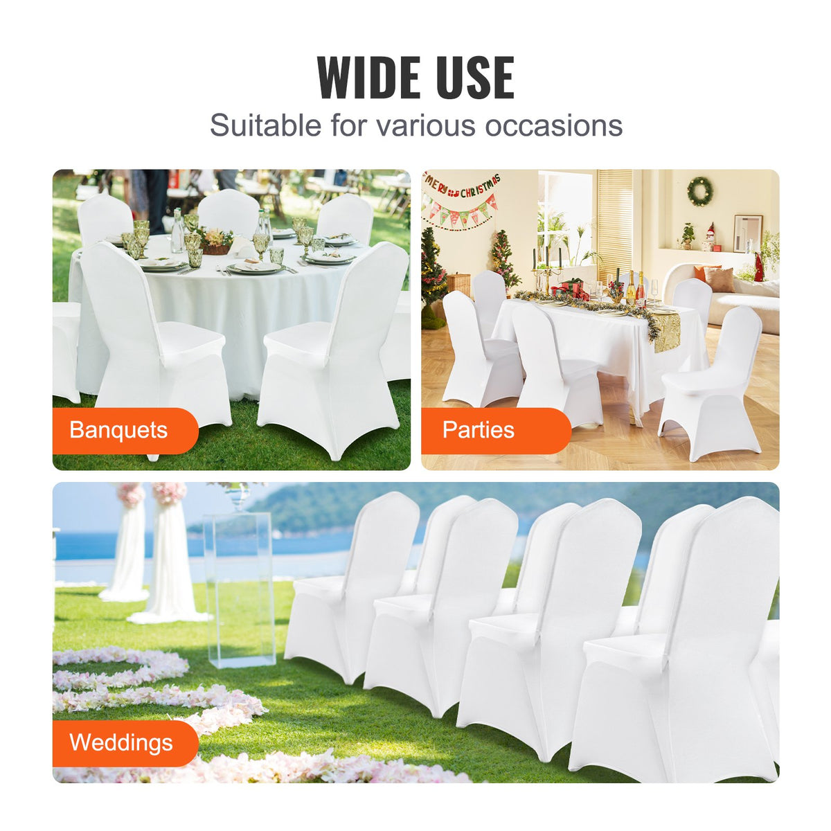 VEVOR Spandex Chair Covers 100 pcs with Curved Front, Weddings and Parties, White