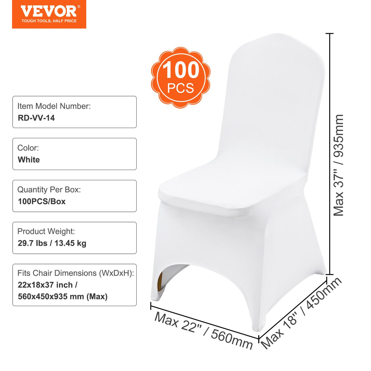VEVOR Spandex Chair Covers 100 pcs with Curved Front, Weddings and Parties, White