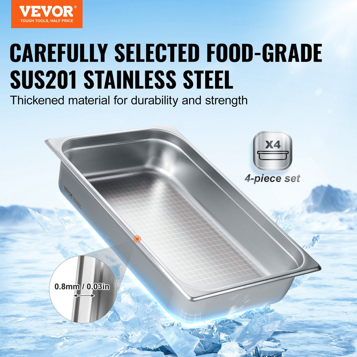 VEVOR GN Containers 4 pcs, Full Size, 10 cm Deep, with Lid, Stainless Steel