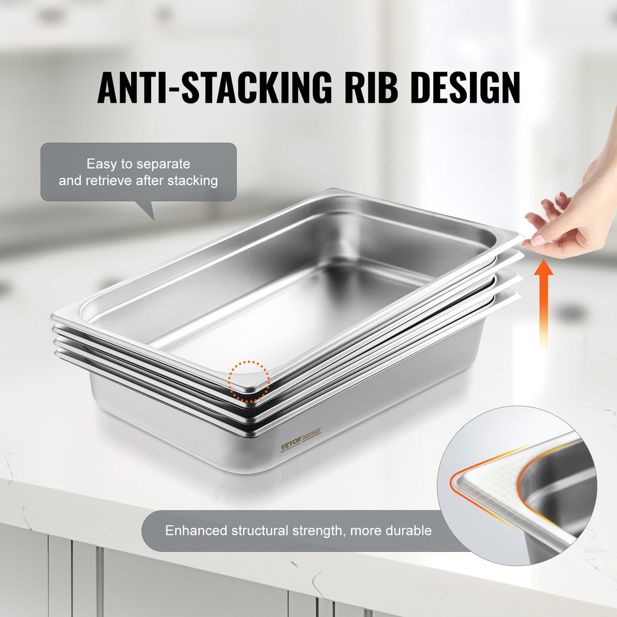 VEVOR GN Containers 4 pcs, Full Size, 10 cm Deep, with Lid, Stainless Steel