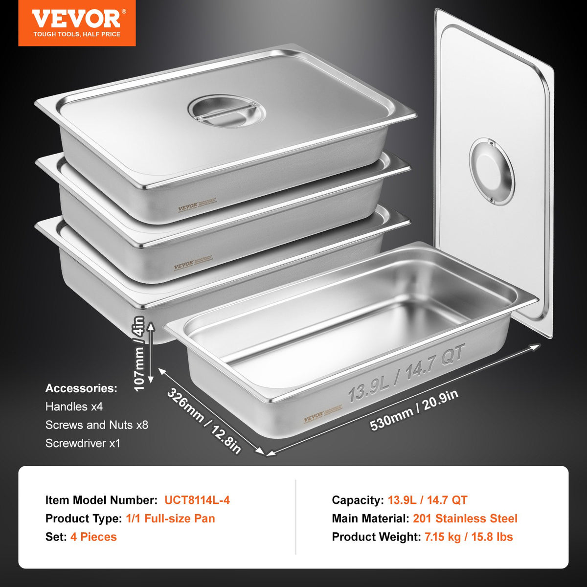 VEVOR GN Containers 4 pcs, Full Size, 10 cm Deep, with Lid, Stainless Steel