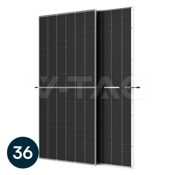 610 W bifaciālais monokristāliskais saules panelis ar dubulto stiklu, 2382 × 1134 × 30 mm, N-Type I-TOPCon tehnoloģija, palete - 36 gab.