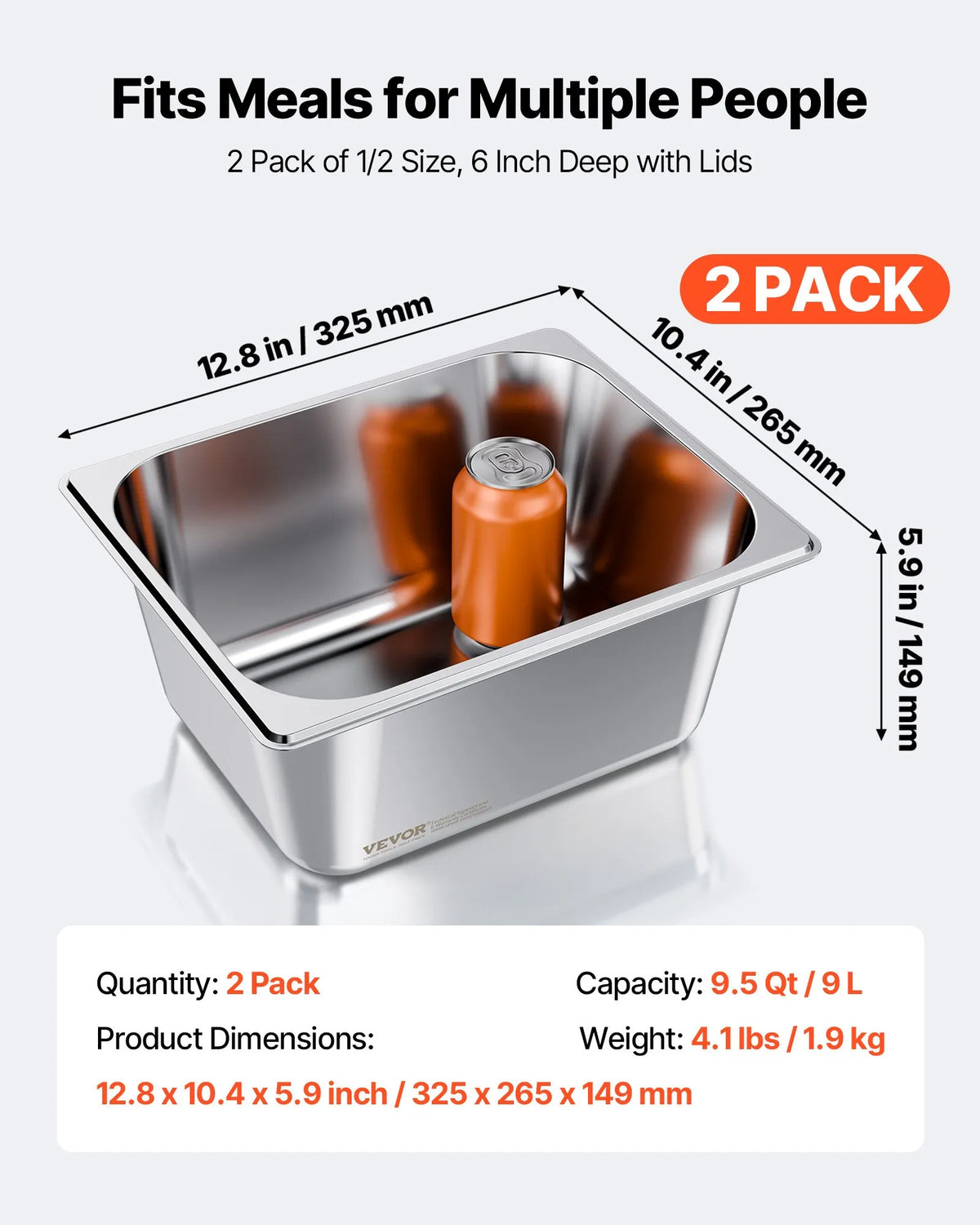 VEVOR гастроёмкости 1/2 с крышками, глубина 148 мм, 9 л, 2 шт., нержавеющая сталь