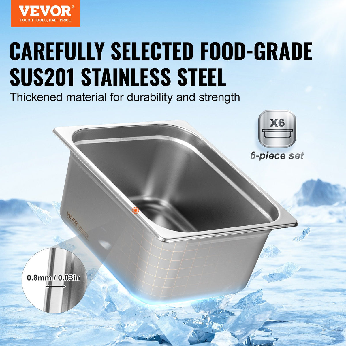 VEVOR GN Containers 6 pcs, 1/2 Size, 15 cm Deep, Stainless Steel