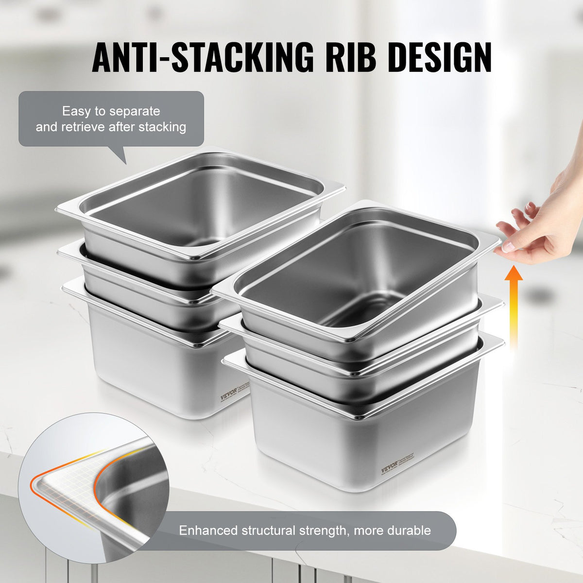 VEVOR GN Containers 6 pcs, 1/2 Size, 15 cm Deep, Stainless Steel