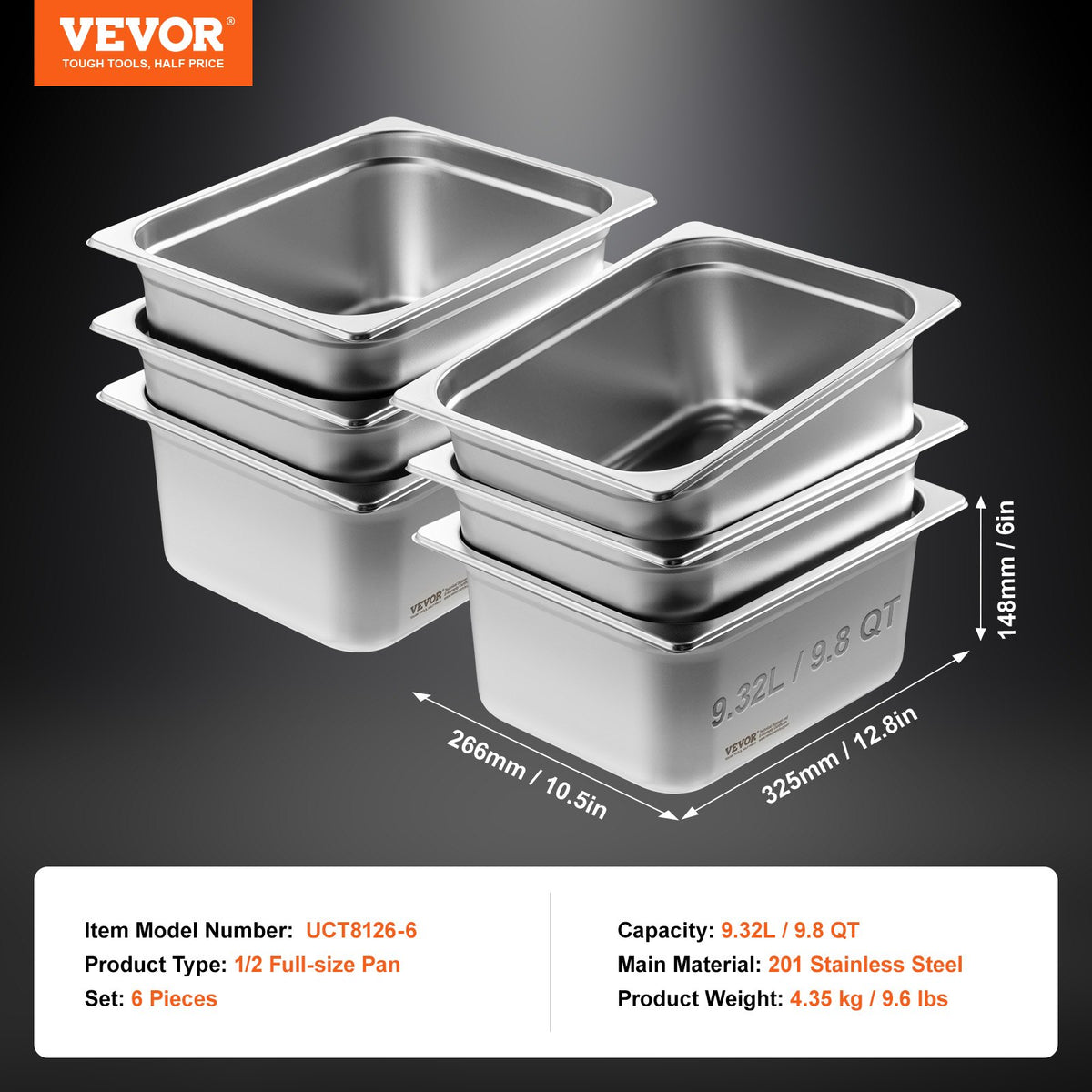 VEVOR GN Containers 6 pcs, 1/2 Size, 15 cm Deep, Stainless Steel