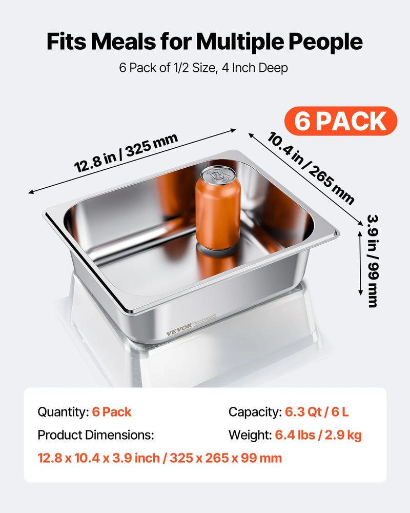 Nerūsējošā tērauda gastronomijas trauki, 1/2 izmērs, dziļums 98 mm, tilpums 6 l, 6 gab. komplekts