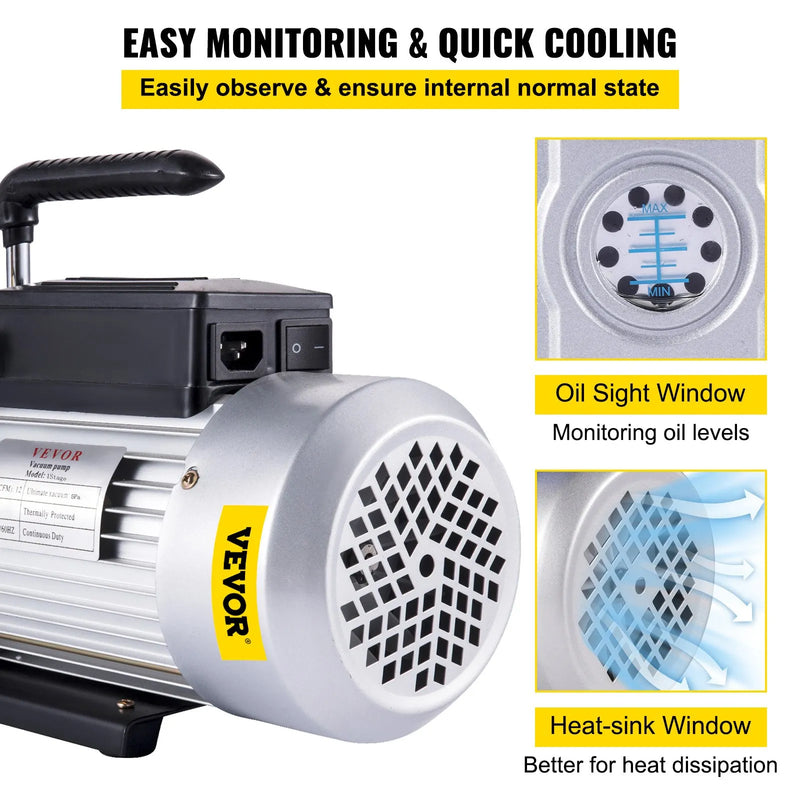 VEVOR vienpakāpes vakuumsūknis, gaisa plūsma 717 l/min (12 CFM), ieplūdes ports 6,35 mm (SAE 1/4)