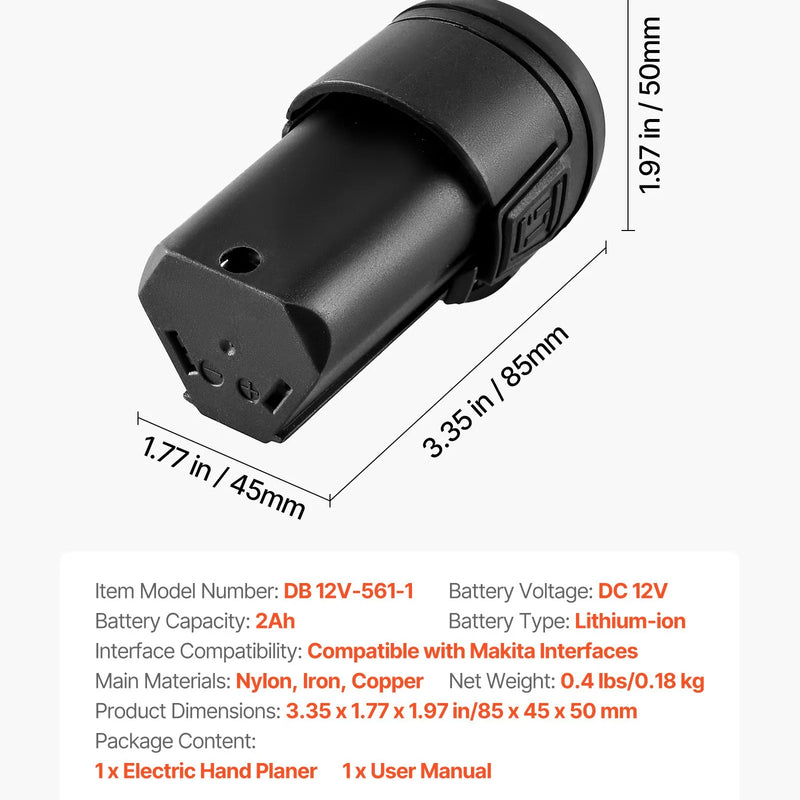 VEVOR litija-jonu akumulators 12 V 2 Ah, pārnēsājams rezerves akumulatoru bloks ar universālu adapteri, saderīgs ar Makita savienojumiem un VEVOR bezvadu elektrisko rokas ēveli, 1 gab.