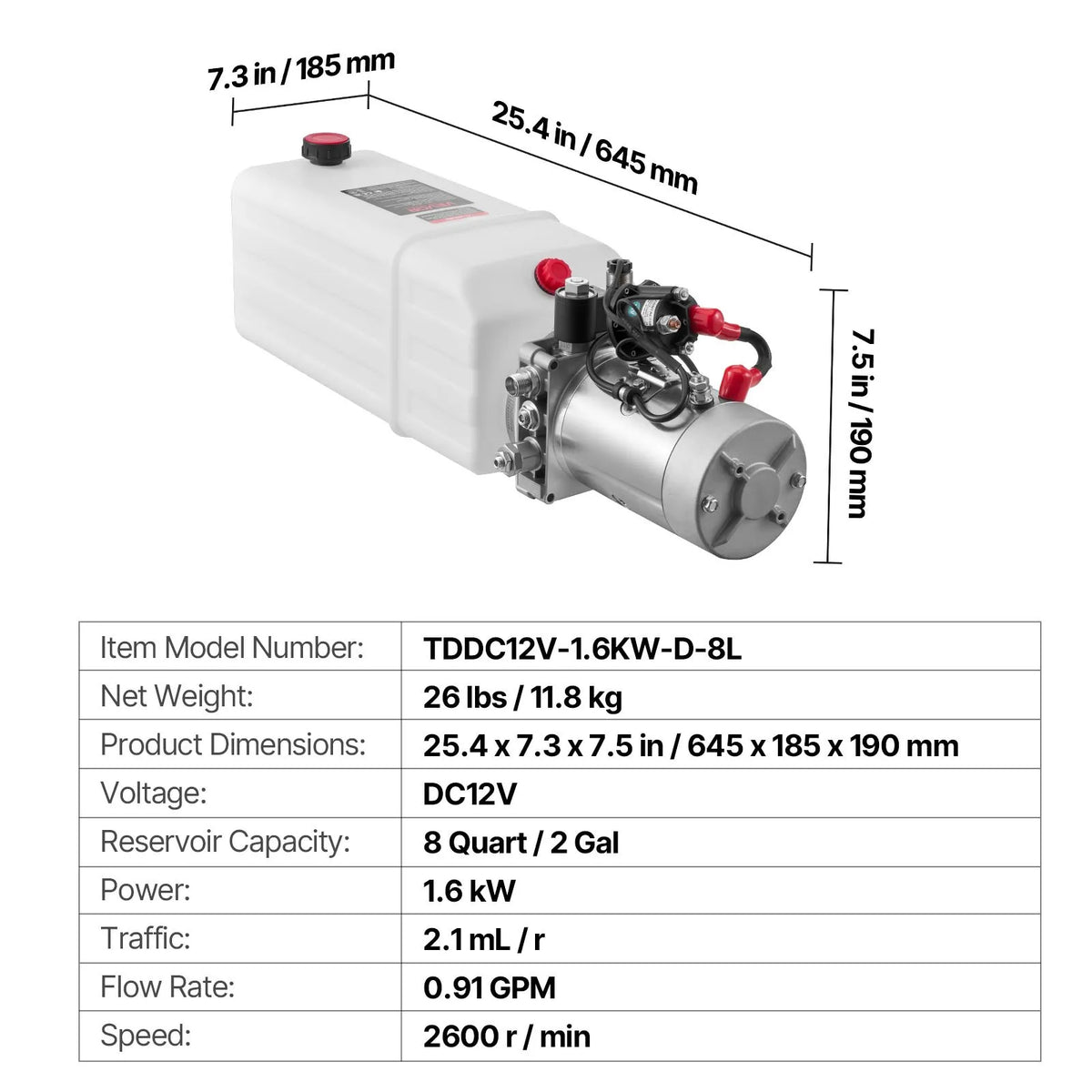 VEVOR 8 L Hydraulic Power Unit, Single Acting Hydraulic Pump for Dump Trailer, 22 MPa Maximum Pressure and 3.4 L/min Flow Rate, 12 V DC Hydraulic Pump with Metal Tank for Vehicle Lifting