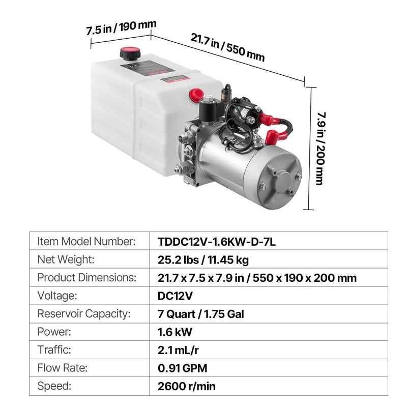 VEVOR 7 l hidrauliskā barošanas stacija, vienvirziena izgāžamās piekabes sūknis, maksimālais spiediens 22 MPa, plūsmas ātrums 3,4 l/min, 12 V līdzstrāvas hidrauliskais sūknis ar metāla rezervuāru piekabju un automobiļu pacelšanai