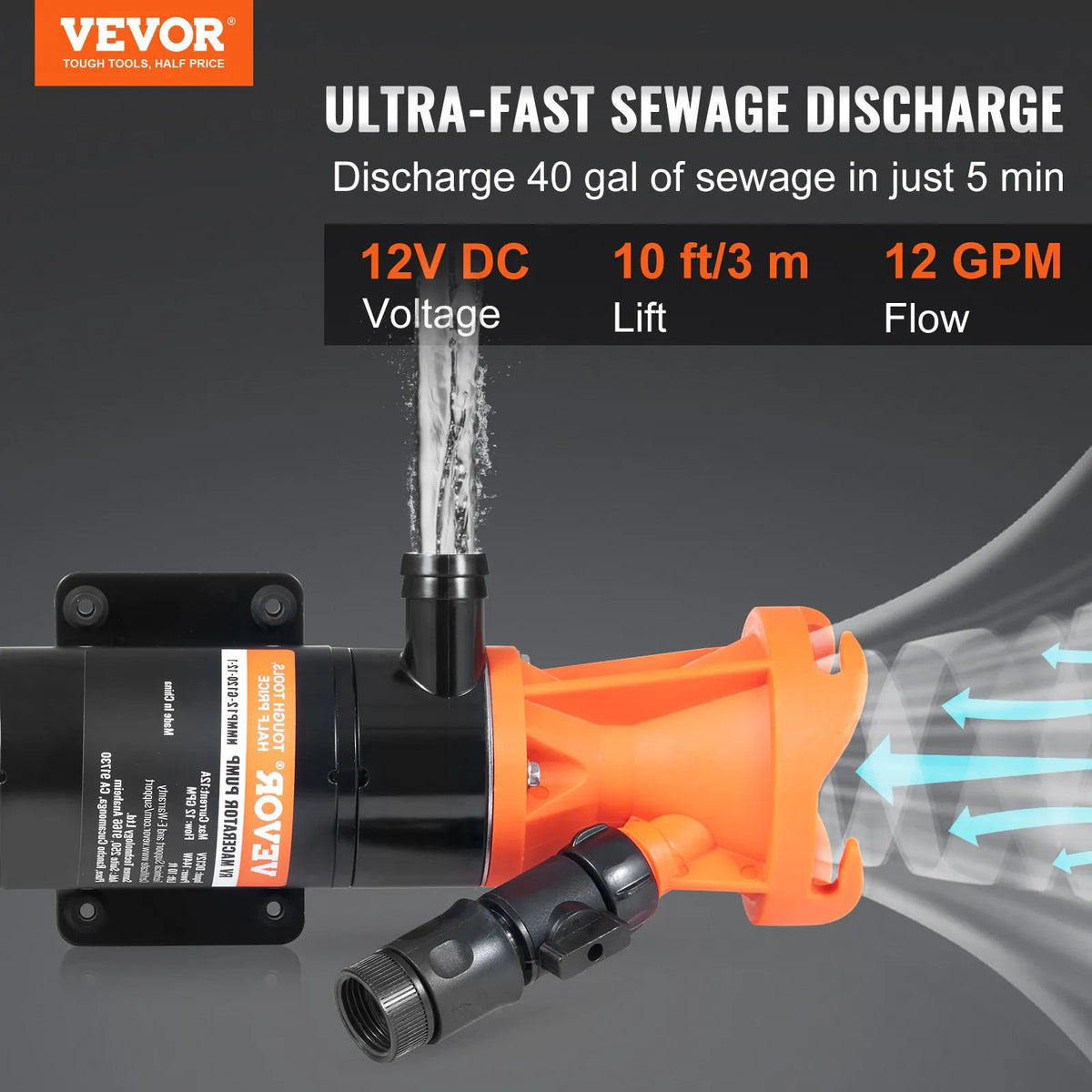 VEVOR Portable RV Faecal Macerator Pump 12 V, Sewage Pump with Quick Release, Flow Rate 45.4 l/min, Removable Quick Connect Valve, Metal Hose Clamp and Power Cable, for Campers, Boats and Motorhomes