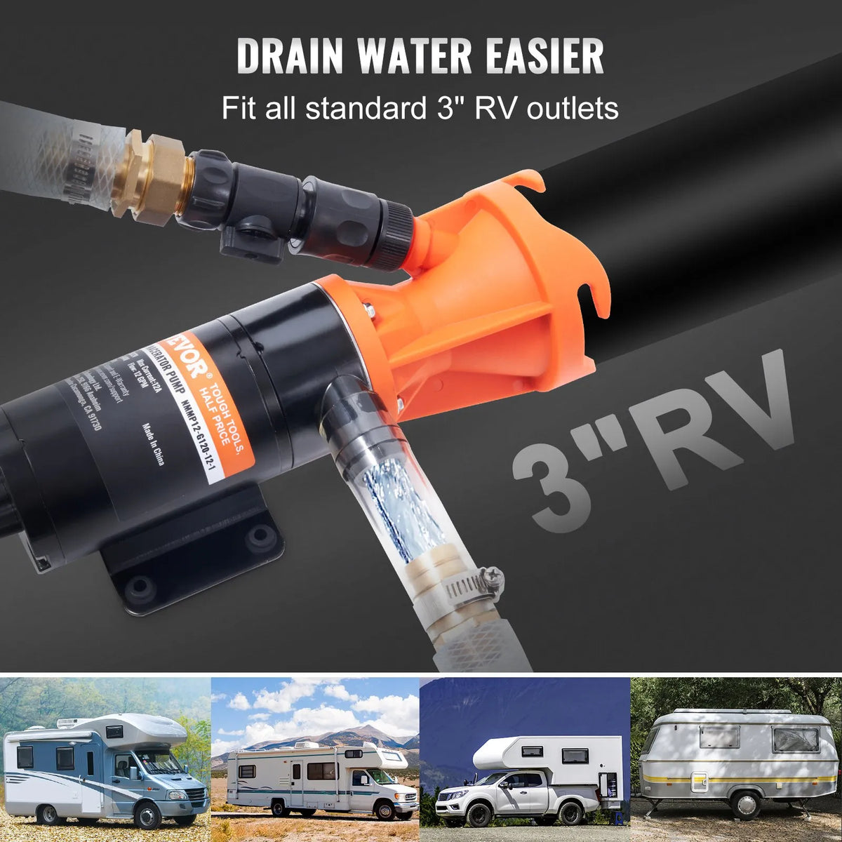 VEVOR Portable RV Faecal Macerator Pump 12 V, Sewage Pump with Quick Release, Flow Rate 45.4 l/min, Removable Quick Connect Valve, Metal Hose Clamp and Power Cable, for Campers, Boats and Motorhomes