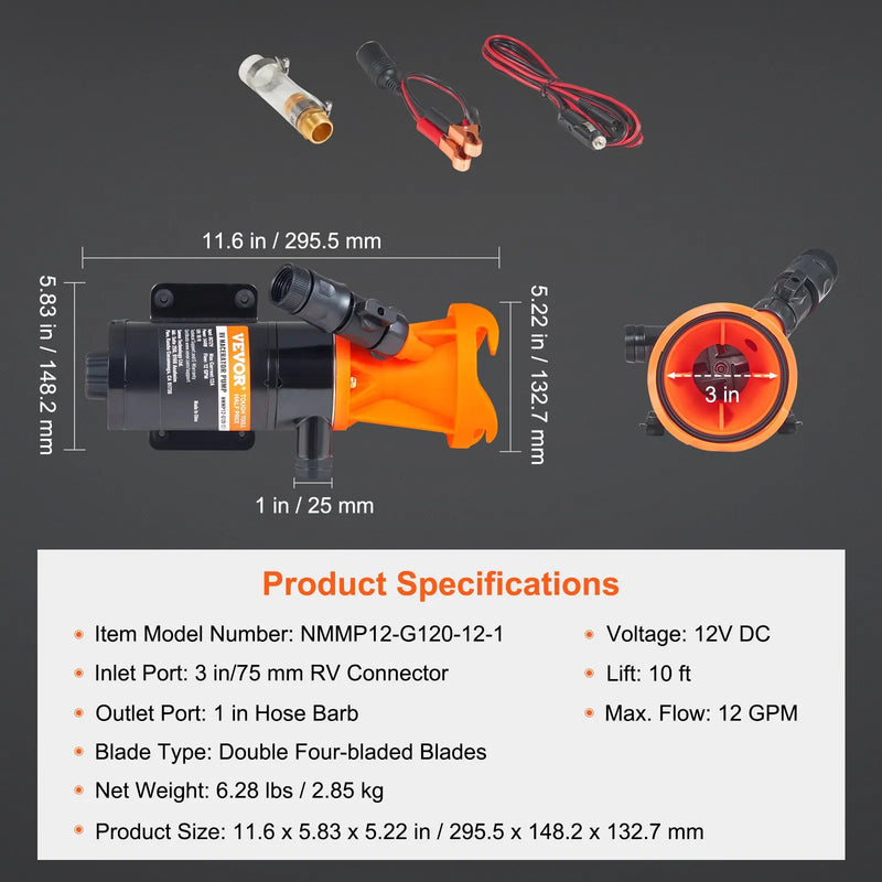 VEVOR portatīvais RV fekāliju smalcinātājsūknis 12 V, notekūdeņu sūknis ar ātro noņemšanu, plūsma 45,4 l/min, noņemams ātrās pieslēgšanas vārsts, metāla šļūtenes skava un barošanas kabelis, paredzēts kemperiem, laivām un dzīvojamajiem auto
