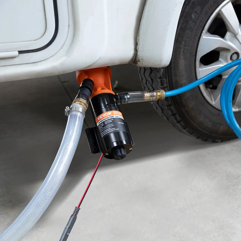 VEVOR portatīvais RV fekāliju smalcinātājsūknis 12 V, notekūdeņu sūknis ar ātro noņemšanu, plūsma 45,4 l/min, noņemams ātrās pieslēgšanas vārsts, metāla šļūtenes skava un barošanas kabelis, paredzēts kemperiem, laivām un dzīvojamajiem auto