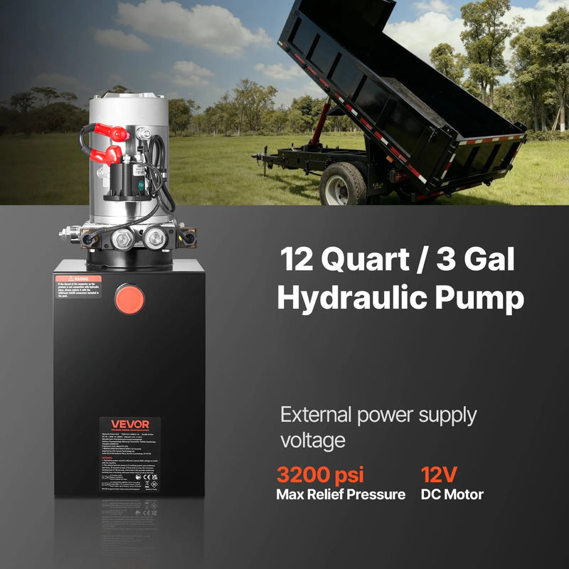 VEVOR 12 l hidrauliskā barošanas stacija, divdarbības 12 V hidrauliskais sūknis pašizgāzēja piekabēm, maksimālais spiediens 22 MPa, plūsmas ātrums 3,4 l/min, hidrauliskais sūknis ar metāla eļļas tvertni transportlīdzekļu pacelšanai