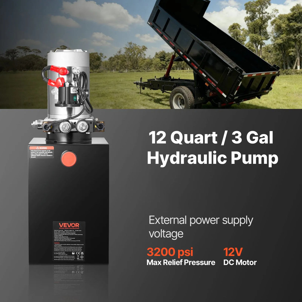 VEVOR 12 L Hydraulic Power Station, Dual-Acting 12 V Hydraulic Pump for Dump Trailers, Maximum Pressure 22 MPa, Flow Rate 3.4 L/min, Hydraulic Pump with Metal Oil Tank for Vehicle Lifting