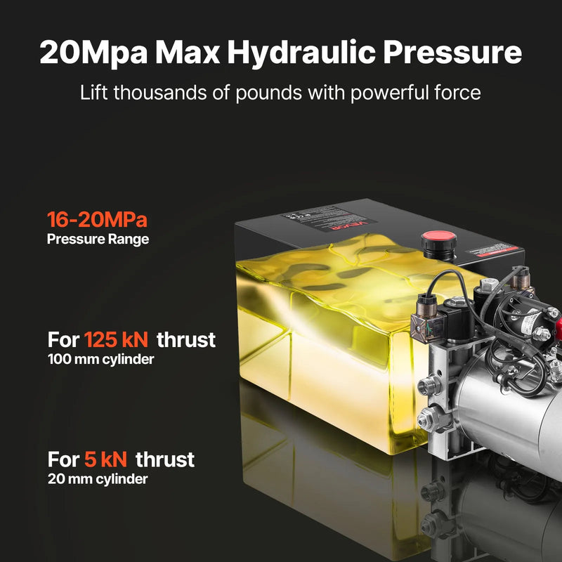 VEVOR 12 l hidrauliskā barošanas stacija, divdarbības 12 V hidrauliskais sūknis pašizgāzēja piekabēm, maksimālais spiediens 22 MPa, plūsmas ātrums 3,4 l/min, hidrauliskais sūknis ar metāla eļļas tvertni transportlīdzekļu pacelšanai