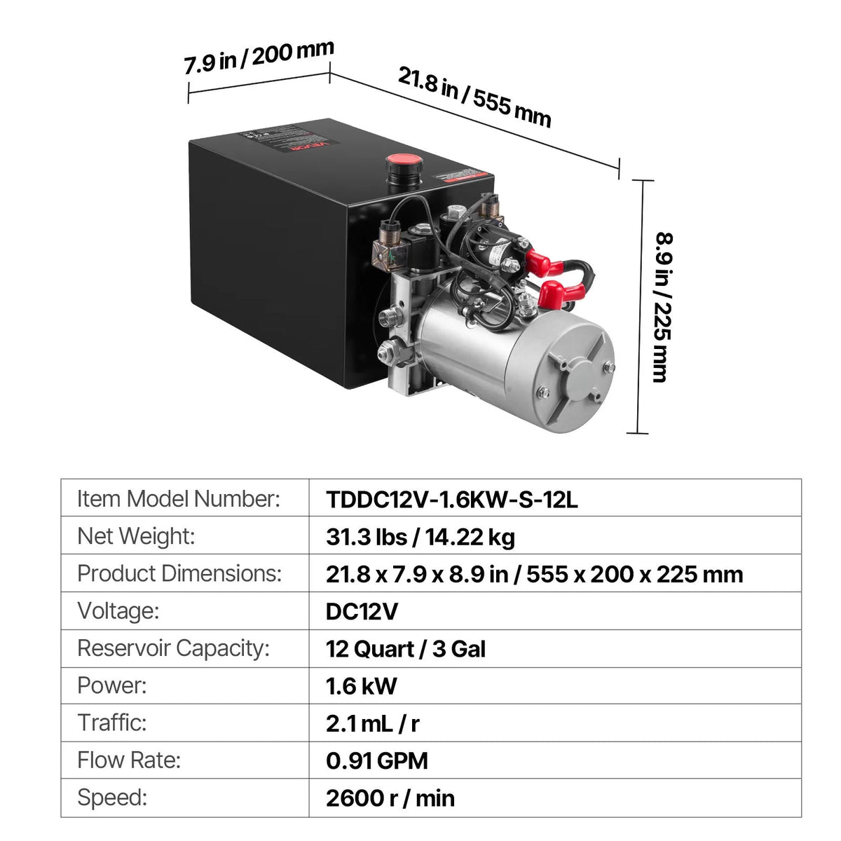 VEVOR 12 L Hydraulic Power Station, Dual-Acting 12 V Hydraulic Pump for Dump Trailers, Maximum Pressure 22 MPa, Flow Rate 3.4 L/min, Hydraulic Pump with Metal Oil Tank for Vehicle Lifting