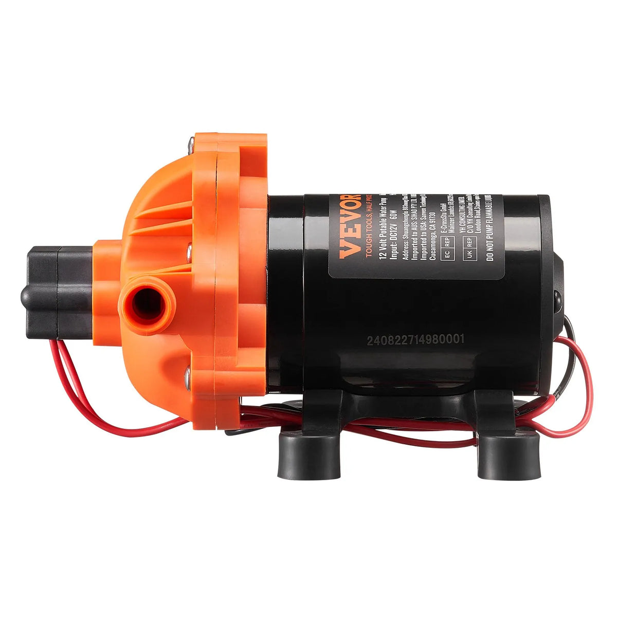 VEVOR 12V Diaphragm Pump, 6.81 L/min, Three-Chamber 12V DC Water Pump with Automatic Pressure Switch 2.7–6.9 bar (Adjustable), Rated Pressure 4 bar, 12.7 mm MNPT Connection for Campers, Yachts, Catering Vehicles and Marine Applications